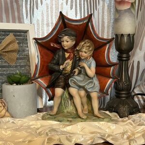 Vintage Capodimonte Figurine Boy Girl Under Umbrella Rainy Day